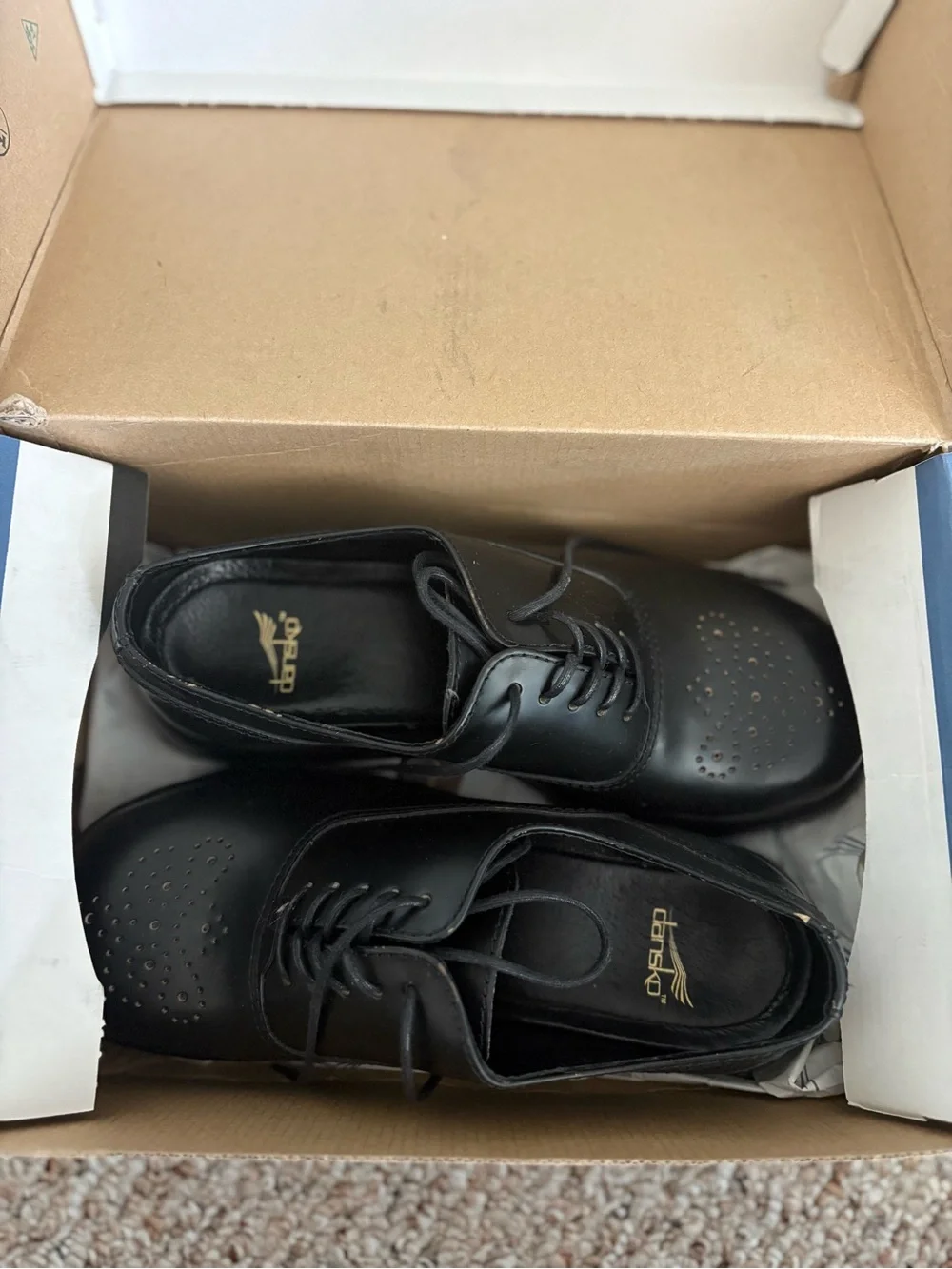 Dansko Black Leather Lace-Up Oxfords with Perforated Toe